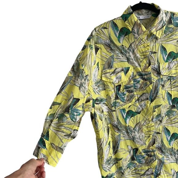 (SOLD) ZARA Tropical Print Button Front Mini Coverup Shirtdress Yellow Green M/L - Picture 3 of 12